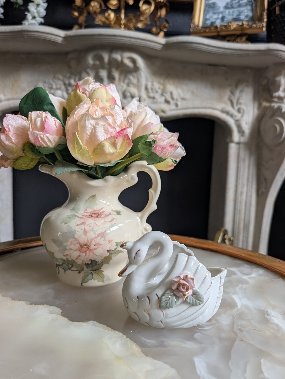 Vintage Porcelain Swan, Pink Rose Detail trinket dish, mini planter, 4.25"